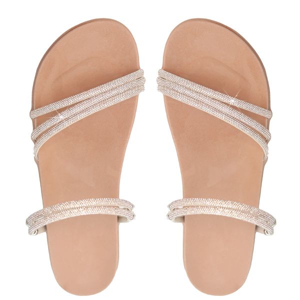 Sandália Rasteira Feminina DalilahShop | Tiras Finas com Pedrarias Coloridas e Brilho Intenso | Confortável, Moderna e Elegante | Ideal para Looks Casuais Festas Bege