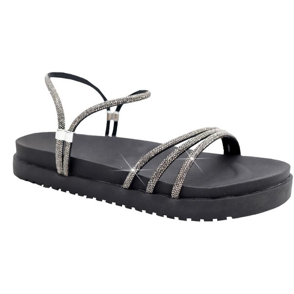 Sandália Rasteira Feminina DalilahShop | Tiras Finas com Pedrarias Coloridas e Brilho Intenso | Confortável, Moderna e Elegante | Ideal para Looks Casuais e Festas Preto