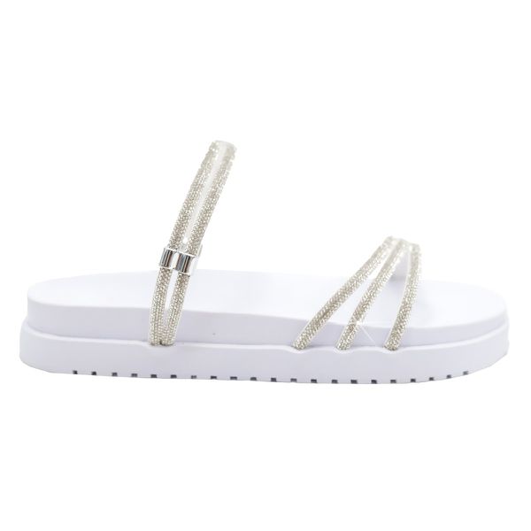 Sandália Rasteira Feminina DalilahShop | Tiras Finas com Pedrarias Coloridas e Brilho Intenso | Confortável, Moderna e Elegante | Ideal para Looks Casuais e Festas Branca