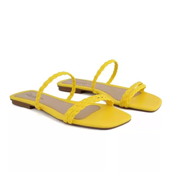 Sandália Rasteira Dk Shoes Bico Quadrado Trança Amarela