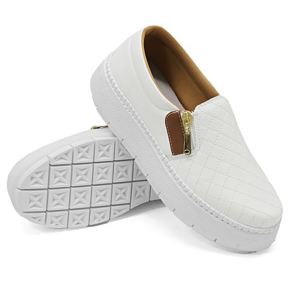 SlipOn Feminino Matelasse Ziper Lateral DK Shoes Branco Caramelo