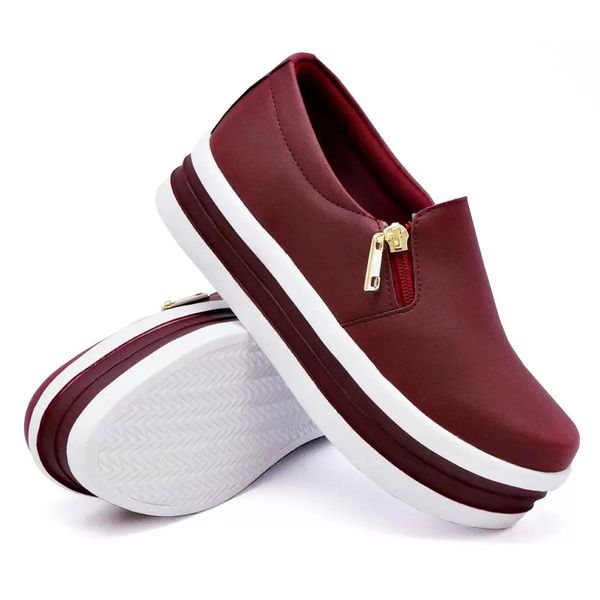 Tênis Feminino Slip On Zíper Sola Alta DK Bordo