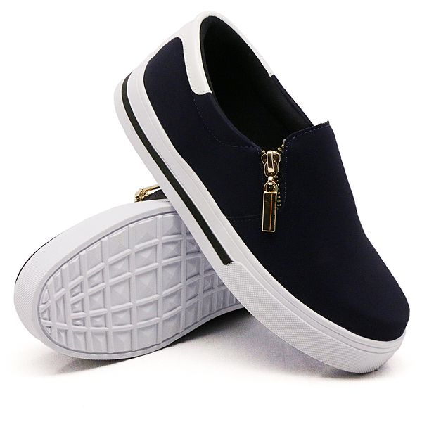 Tênis Feminino Slip On Dk Shoes Zíper Lateral Duas Cores Azul Escuro