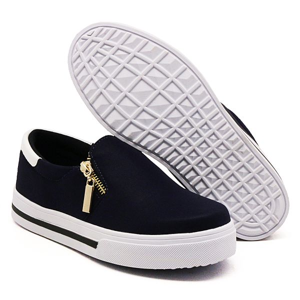 Tênis Feminino Slip On Dk Shoes Zíper Lateral Duas Cores Azul Escuro