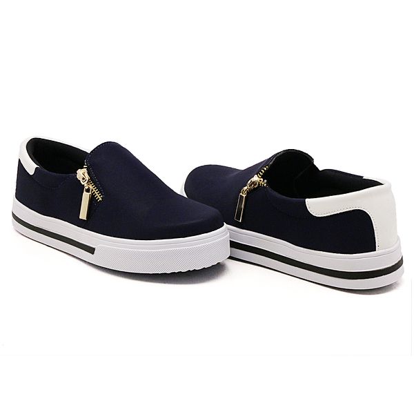 Tênis Feminino Slip On Dk Shoes Zíper Lateral Duas Cores Azul Escuro