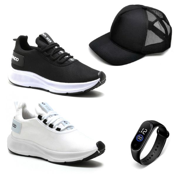 KIT 2 Pares Tênis Casual Esportivo Masculino Confortável + Relógio+Boné 
