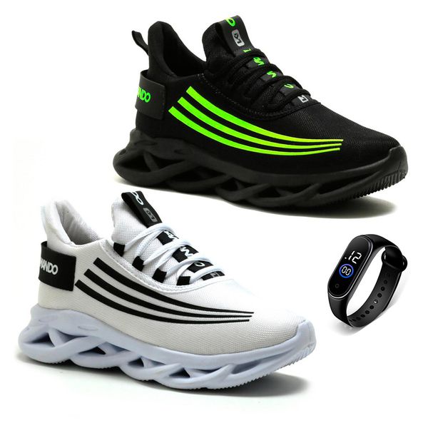 KIT 2 Pares Tênis Casual Esportivo Masculino Confortável + Relógio 
