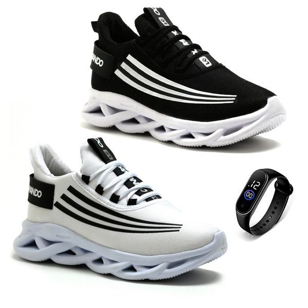KIT 2 Pares Tênis Casual Esportivo Masculino Confortável + Relógio 