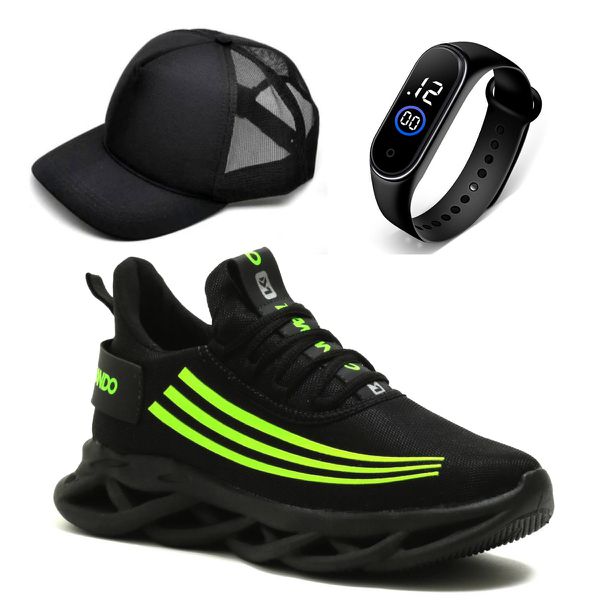Combo Tênis Esportivo Masculino Para Treino Confortável + Relógio+Boné