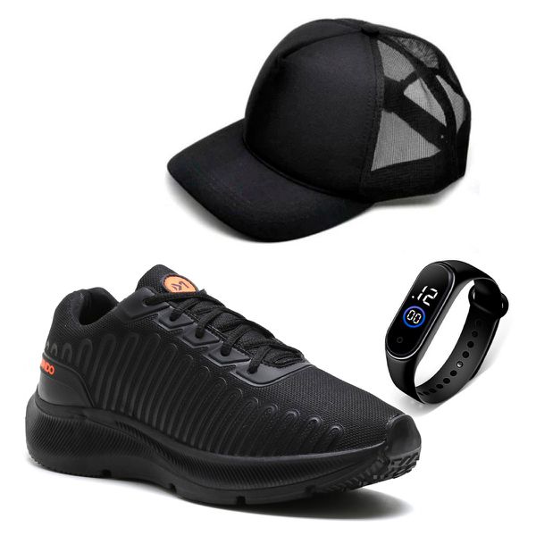 Tênis Esportivo Masculino Para Treino Em Nylon Ultraleve Kit Relógio + Boné