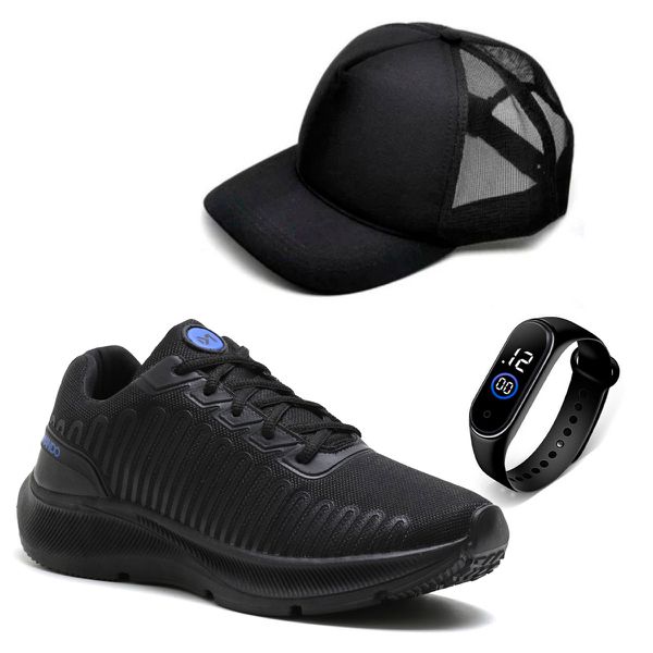 Tênis Esportivo Masculino Para Treino Em Nylon Ultraleve Kit Relógio + Boné