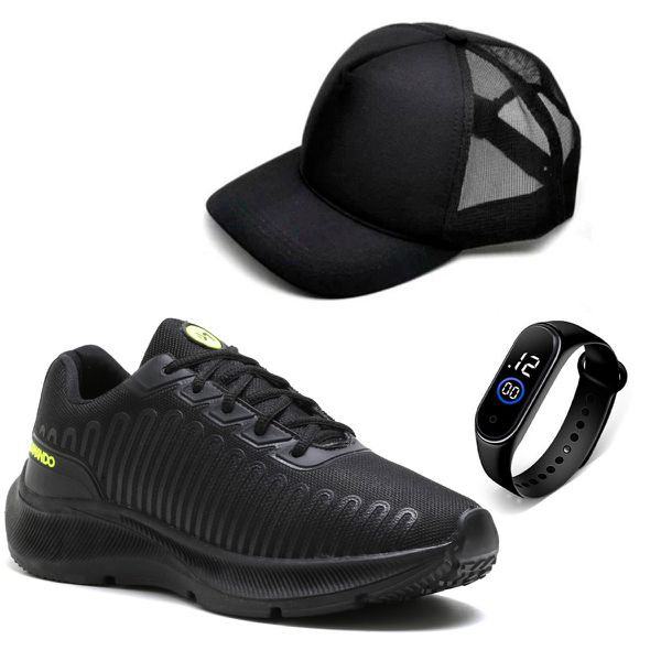 Tênis Esportivo Masculino Para Treino Em Nylon Ultraleve Kit Relógio + Boné