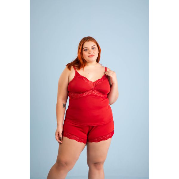 Baby Doll Plus em Liganete Lisa com Detalhe de Renda no Busto e Barra do Short
