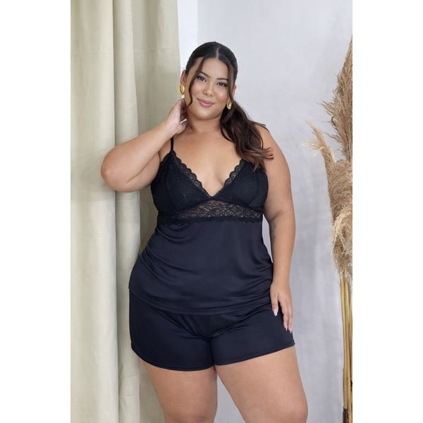 Baby Doll Plus Size D’Noite em liganete lisa com renda