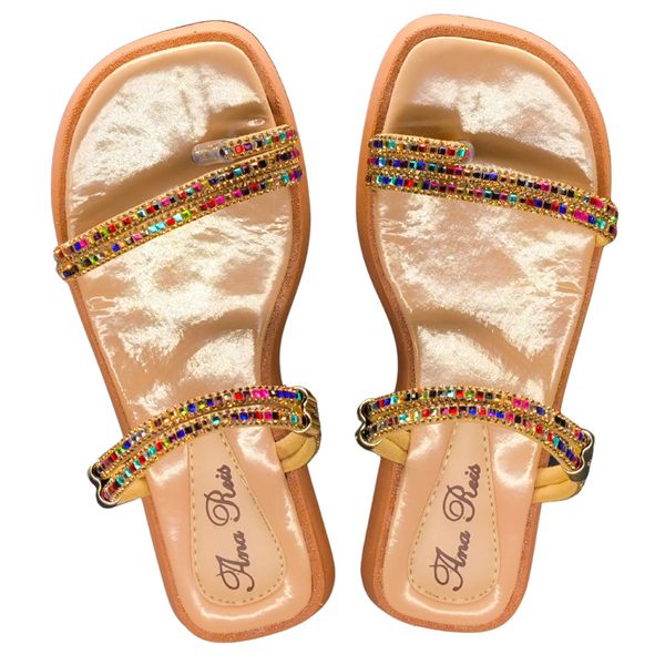 Sandália Feminina Papete Flatform Brilho Strass 10020 Creme