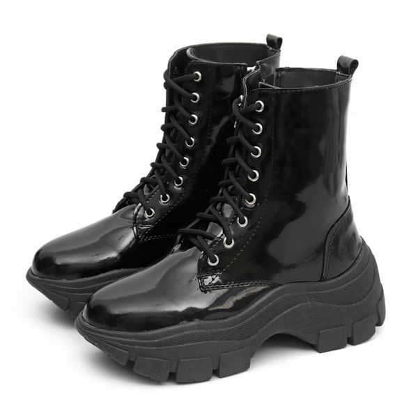 Bota Coturno Plataforma Alta Tratorada Cano Curto 6001 Preto Verniz