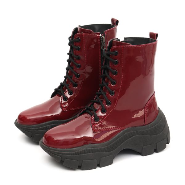 Bota Coturno Plataforma Alta Tratorada Cano Curto 6001 Vinho Verniz