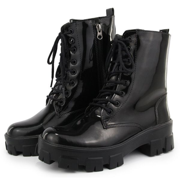 Bota Coturno Plataforma Tratorada Blogueira Ziper 7001 Preto Verniz
