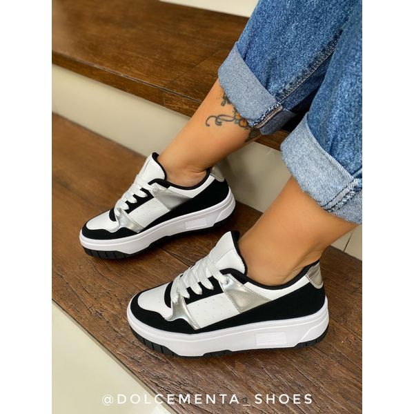 Tênis Flatform Jessica {Branco/Preto/Prata} - Dolce & Menta