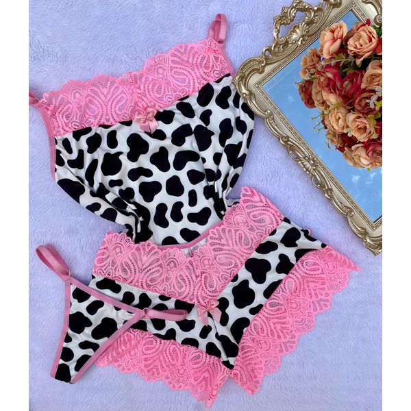 Baby Doll + Calcinha - Vaquinha Rosa