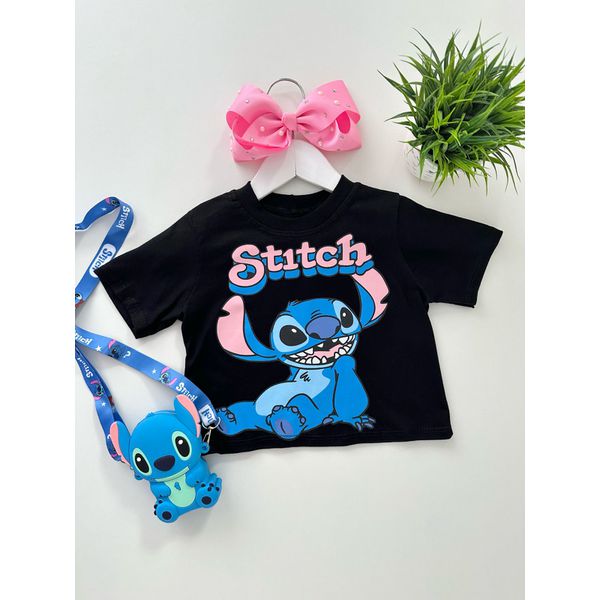 T-Shirt Cropped Stitch Preta 