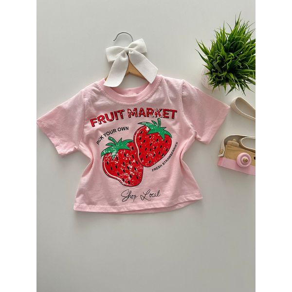 T-shirt Cropped Morango Rosa 