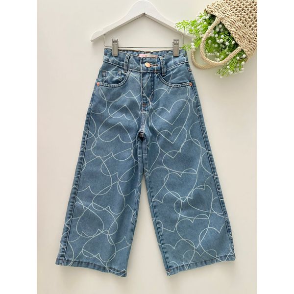 Calça Jeans Wide Leg Corações 