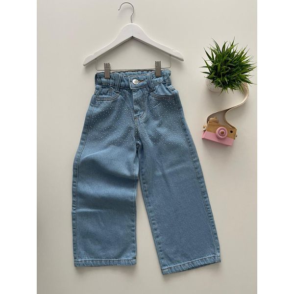 Calça Jeans Wide Leg Strass