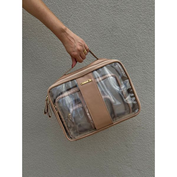 Kit 3 Necessaires em Couro Nude Vinil Transparente