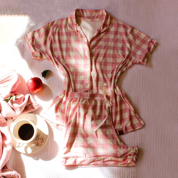 PIJAMA AMERICANO COM SHORT ESTAMPADO XADREZ ROSA