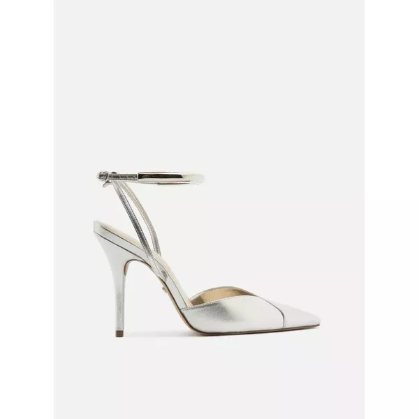 Scarpin Arezzo Prata Couro Salto Alto Tira Metal