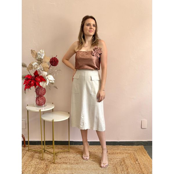 Saia Midi Linho Bolsos