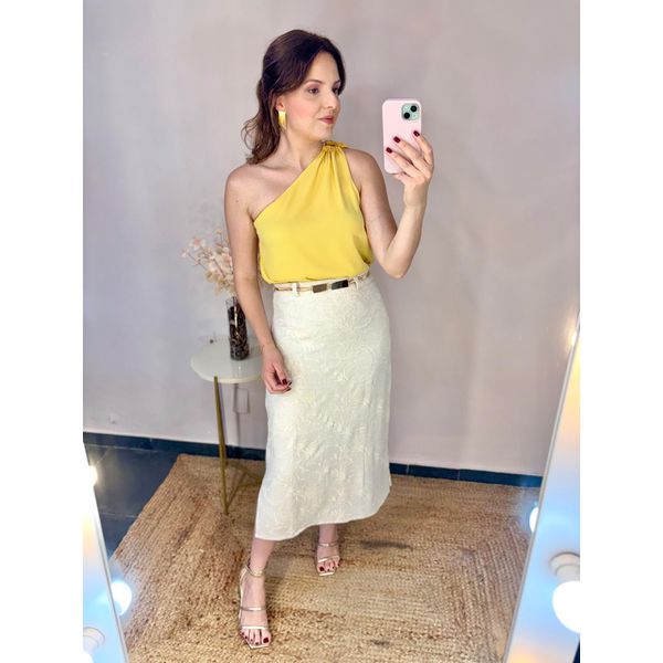 Saia Midi Linho Bordada