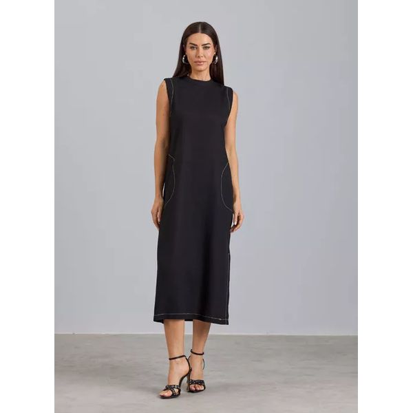 Vestido Midi Em Linho Com Pesponto