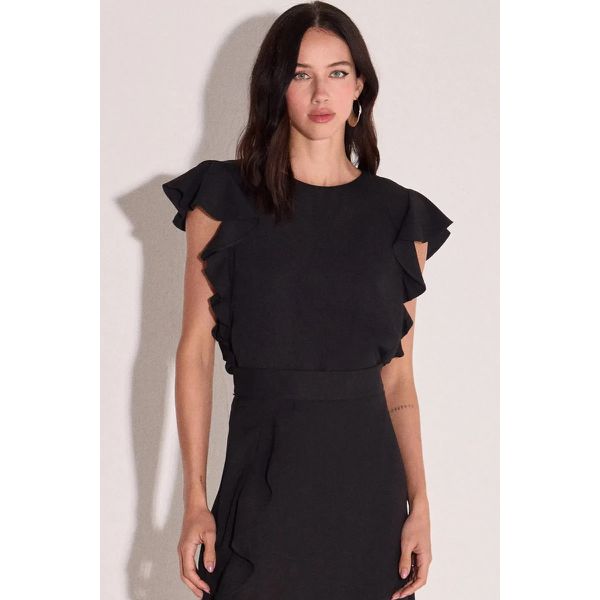 Blusa Com Babados Em Crepe Preto