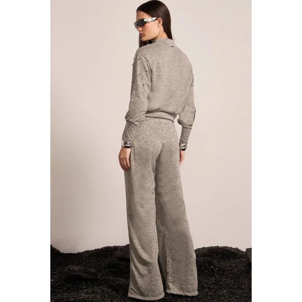 Blusa Em Malha Tricô Com Elastano e Aplicação de Pedrarias Cinza