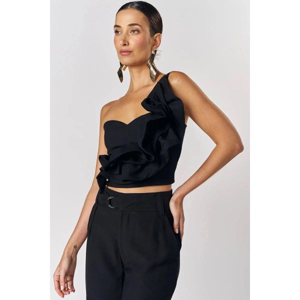 Blusa Um Ombro Só em Blend de Viscose Preto