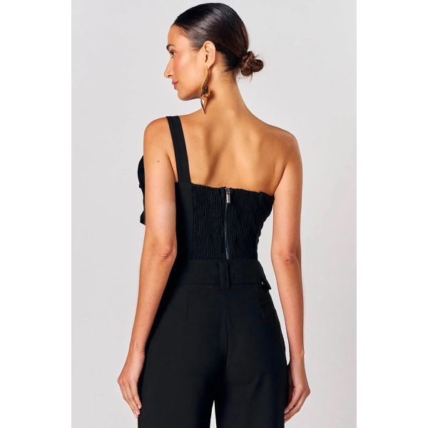 Blusa Um Ombro Só em Blend de Viscose Preto