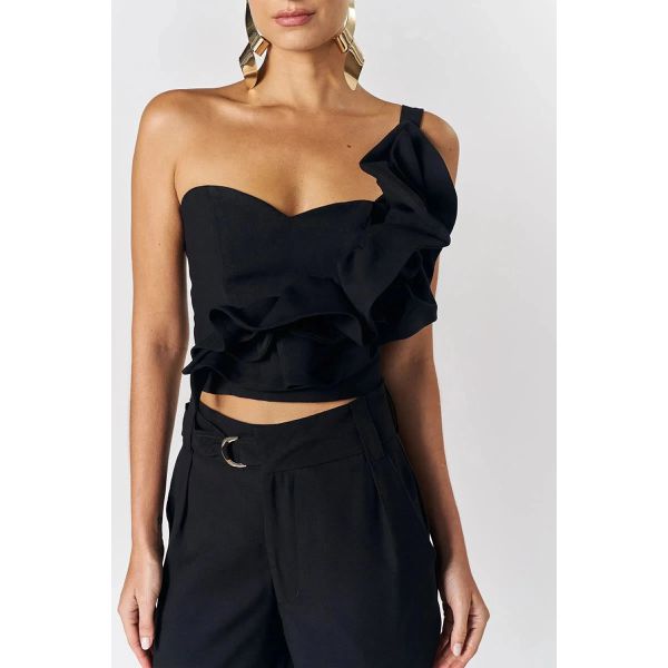 Blusa Um Ombro Só em Blend de Viscose Preto