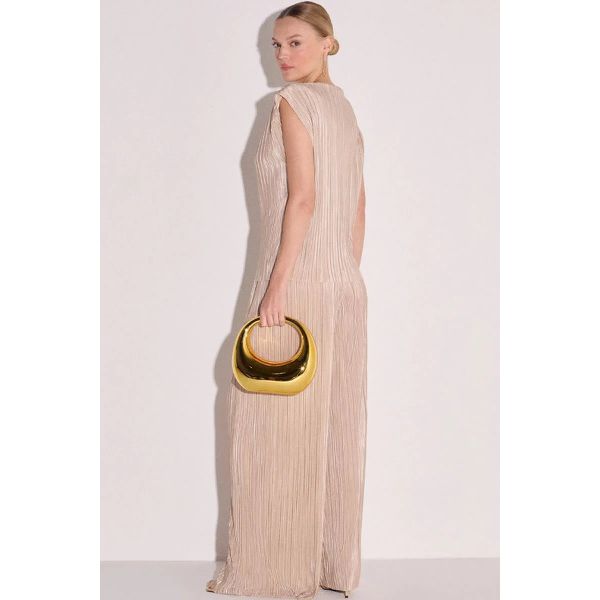 Calça Pantolona Em Tecido Plissado Com Shorts Forro Bege Claro