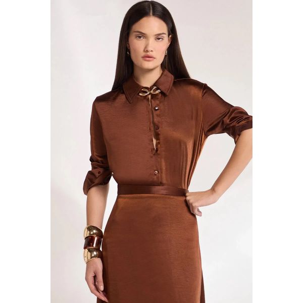 Camisa Manga Longa Em Tecido Acetinado Marrom