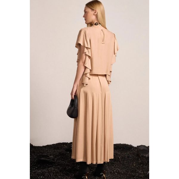 Saia Maxi Midi com Pregas em Viscose Bege