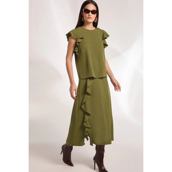 Saia Maxi Midi Babados em Crepe Verde Escuro