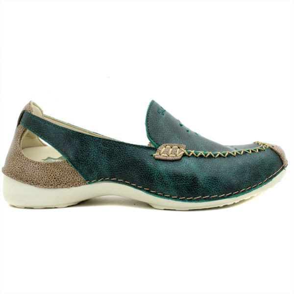 Mocassim Feminino em Couro Legítimo e Palmilha Gel - Bicolor Verde/Bicolor Fendi - Sola Off (AL065)