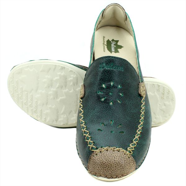 Mocassim Feminino em Couro Legítimo e Palmilha Gel - Bicolor Verde/Bicolor Fendi - Sola Off (AL065)