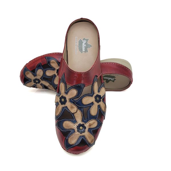 Mule Ortopédico Feminino em Couro Legitimo Palmilha Gel - Vermelho/Azul (AL 023)