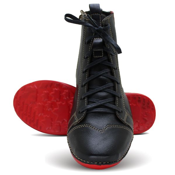 Bota Feminina Ortopédica de Couro Legítimo e Palmilha Gel - Preto e Vermelho (AL 034)