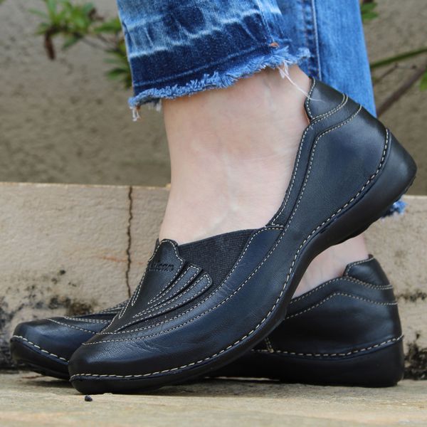 Sapatilha Feminina de Couro Legítimo e Palmilha Gel - Preto (AL 044)