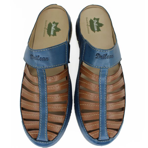 Mule Ortopédico Feminino Couro Legitimo com Palmilha Gel - Azul/Castanho (AL 055)