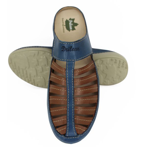 Mule Ortopédico Feminino Couro Legitimo com Palmilha Gel - Azul/Castanho (AL 055)